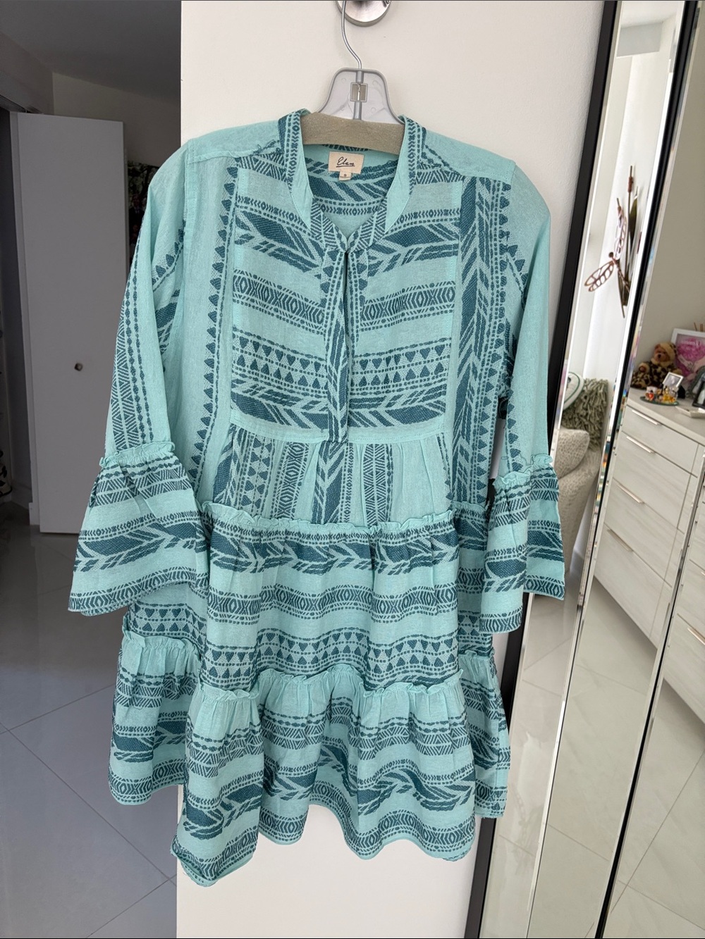 NWT Elan Light Teal Patterned Boho Tunic with Bell Sleeves